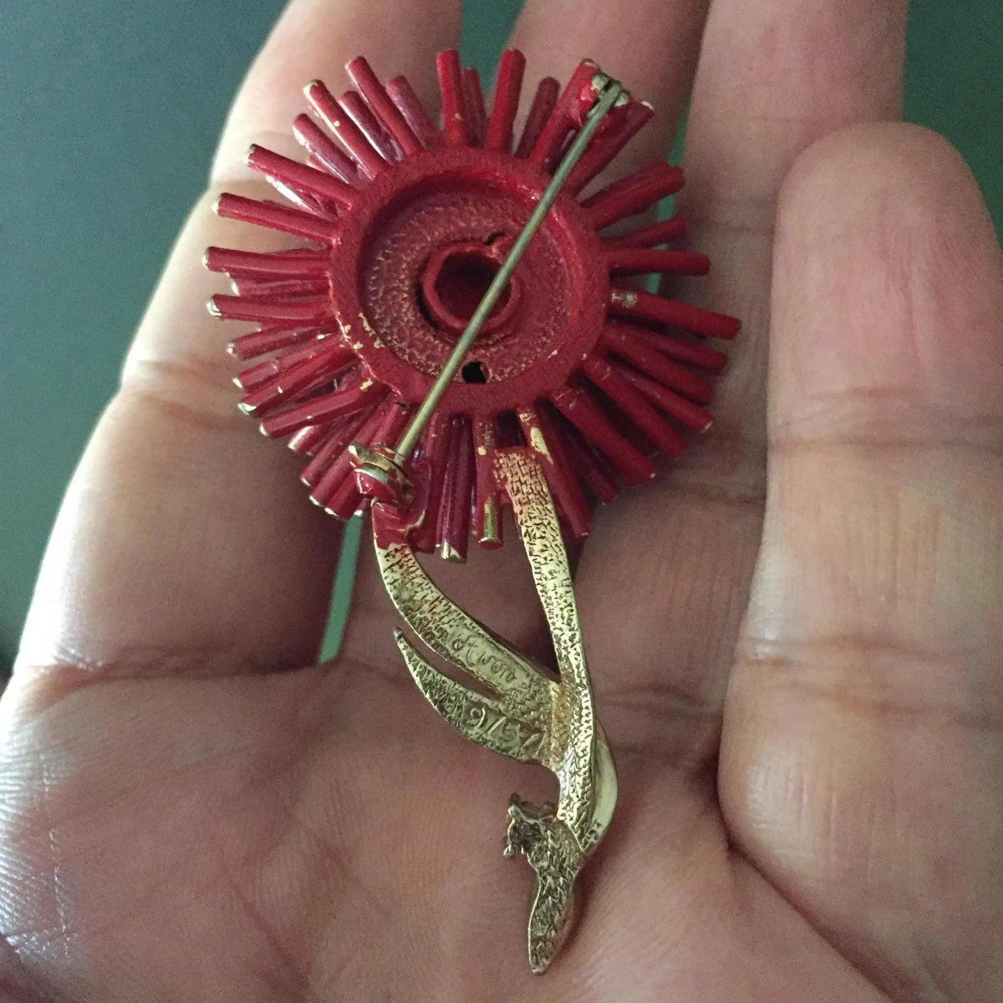 Globe thistle flower red gold tone vintage brooch pin