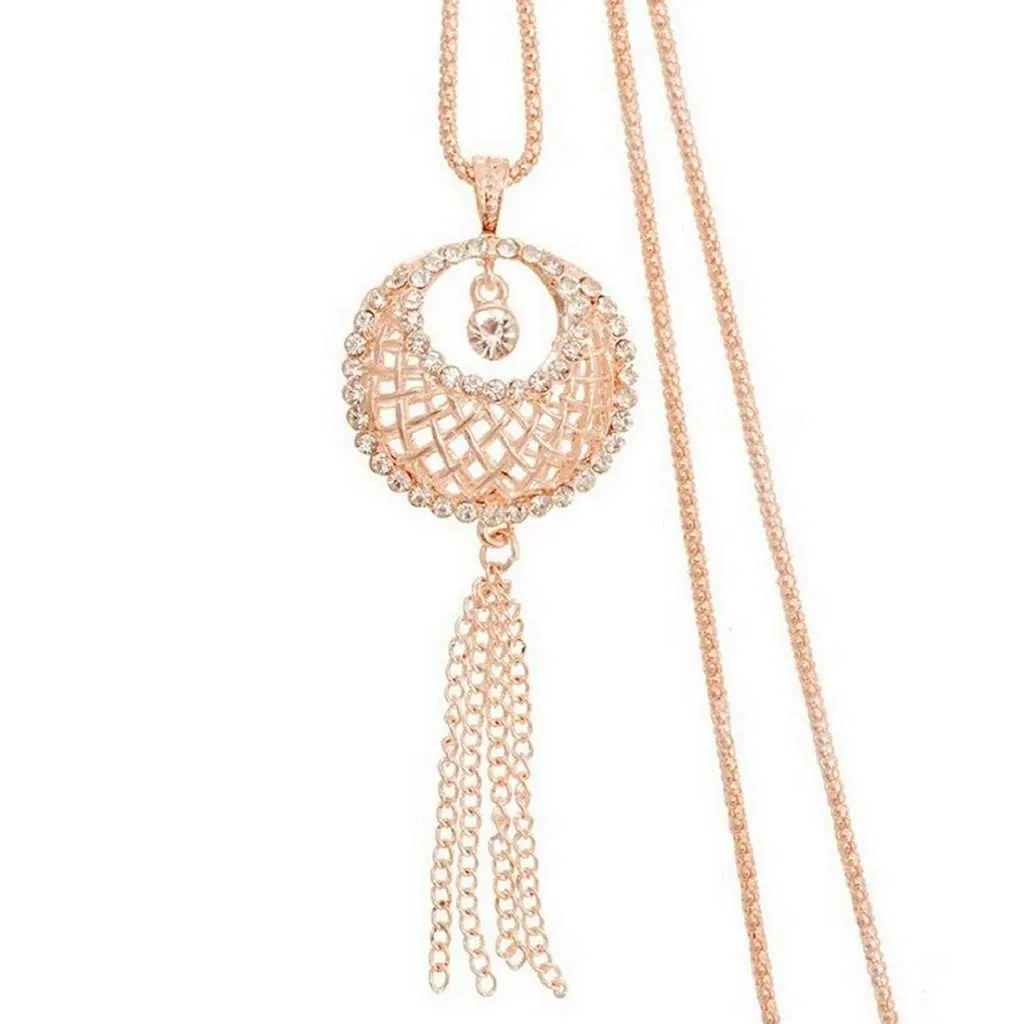 Gold and Crystal Lattice Basket Long Necklace