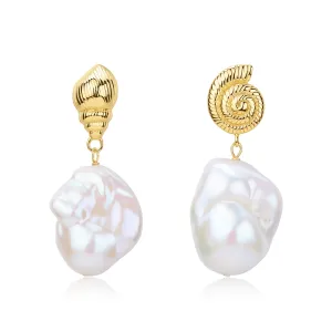 Gold Conch Large Baroque Pearl Earrings