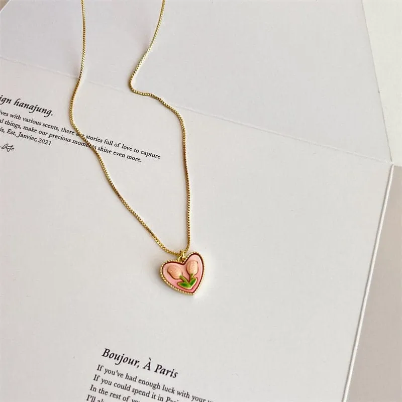 Gold Pink Tulip Heart Pendant Pearl Chain Necklace Earrings Set