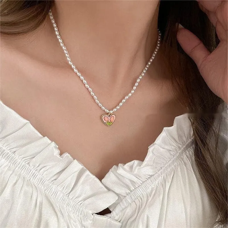 Gold Pink Tulip Heart Pendant Pearl Chain Necklace Earrings Set