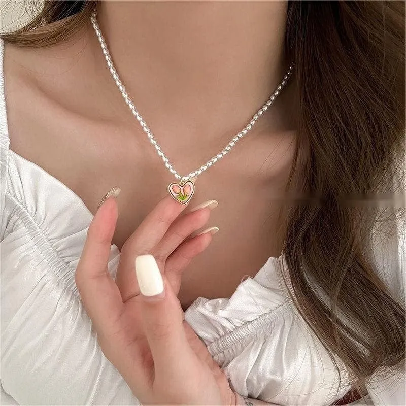 Gold Pink Tulip Heart Pendant Pearl Chain Necklace Earrings Set