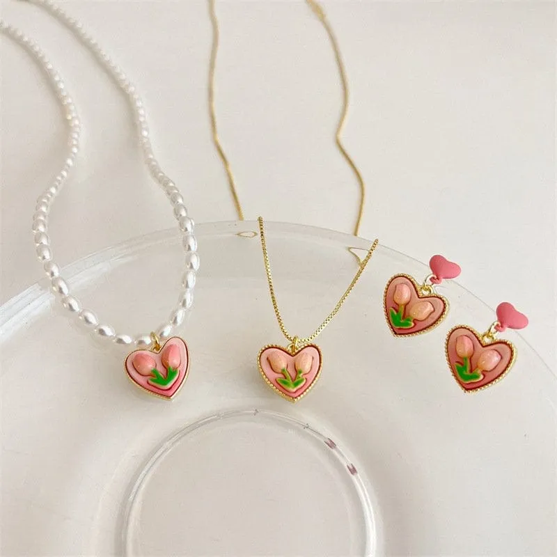 Gold Pink Tulip Heart Pendant Pearl Chain Necklace Earrings Set