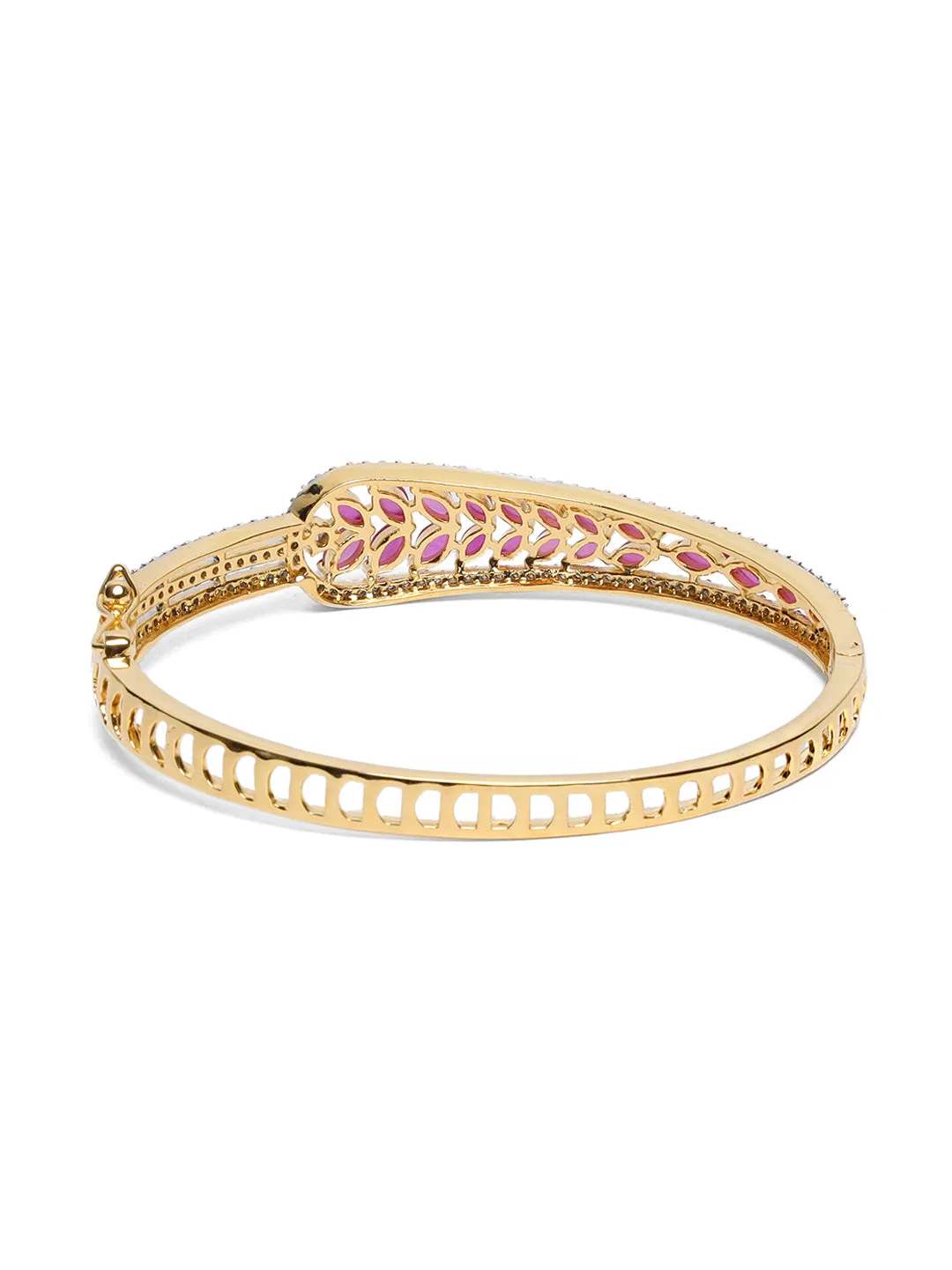 Gold-Plated American Diamond And Ruby Studded Leaf Patterned Bracelet