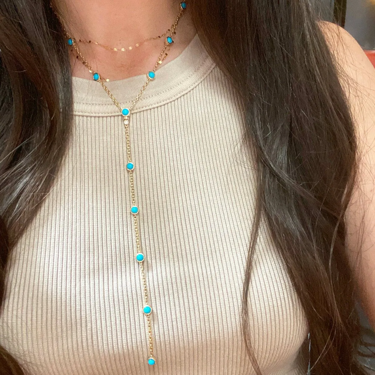 Gold Turquoise Lariat or Choker Necklace