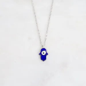 Hamsa with Evil Eye Enamel Necklace - Navy