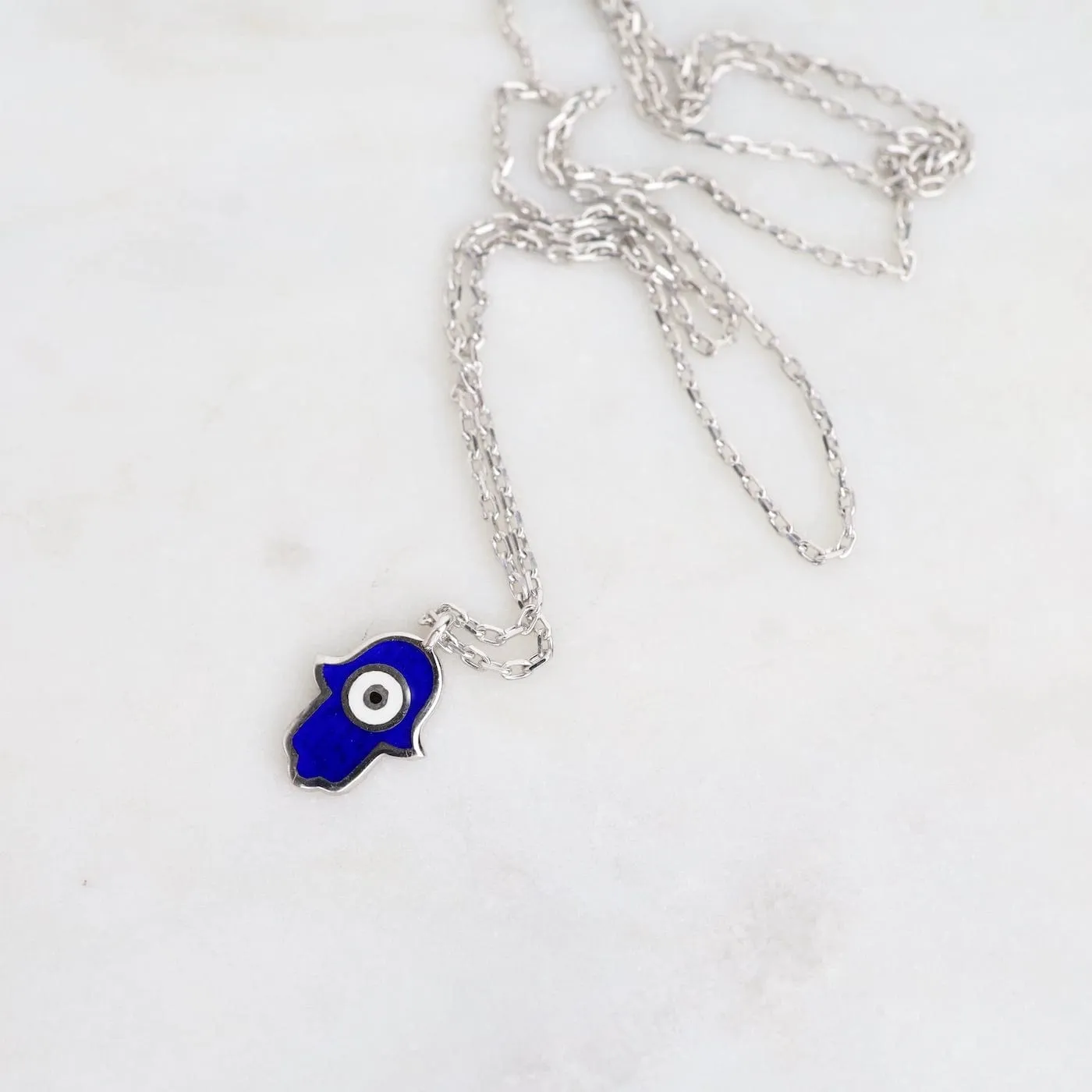 Hamsa with Evil Eye Enamel Necklace - Navy