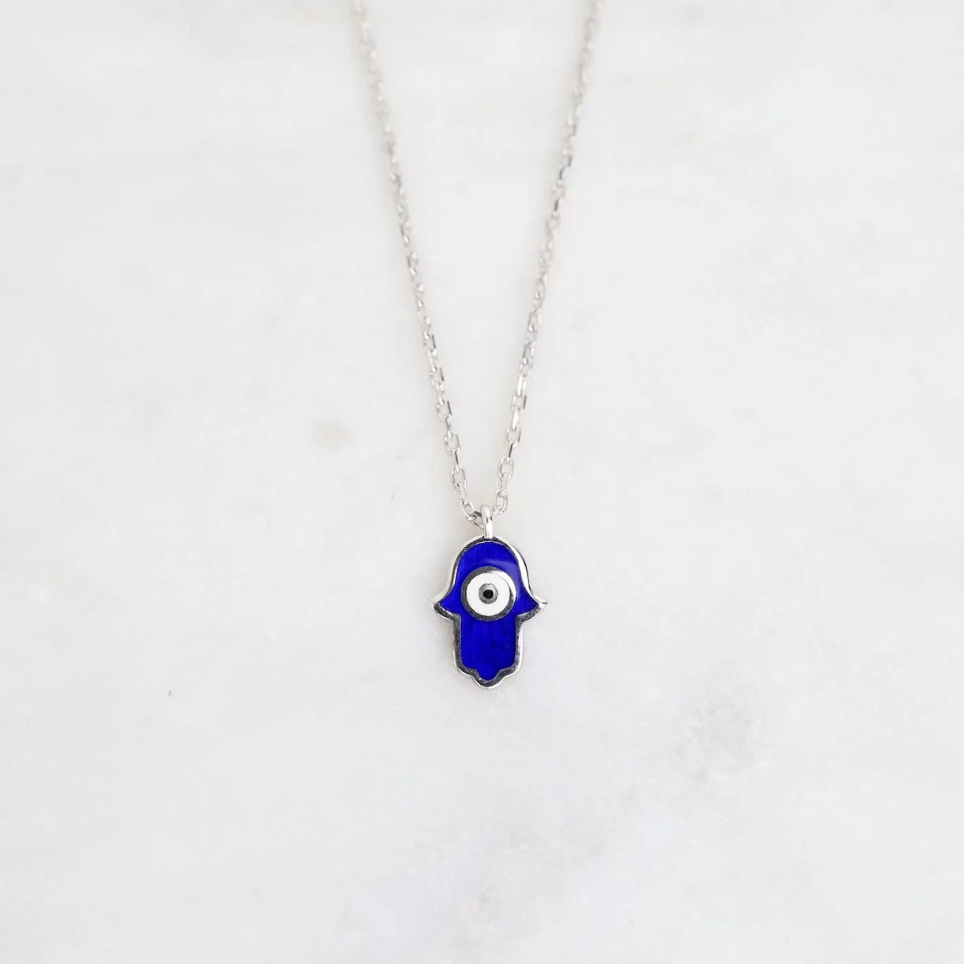 Hamsa with Evil Eye Enamel Necklace - Navy