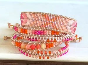 Hot Pink and Orange Geometric Arrow Loom and Macrame Bracelet stack set