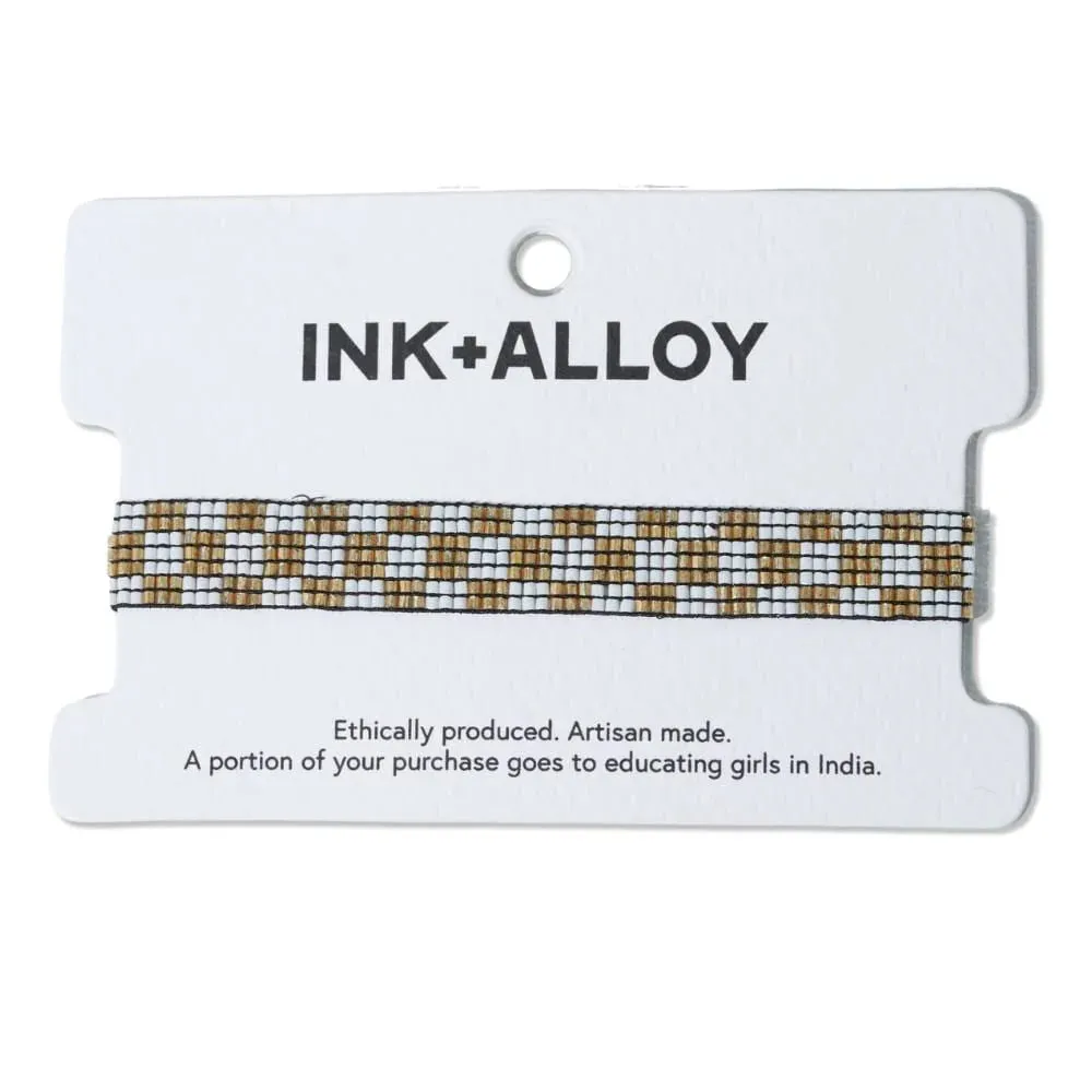 Ink   Alloy Alex Small Checkered Beaded Stretch Bracelet Ivory and Gold