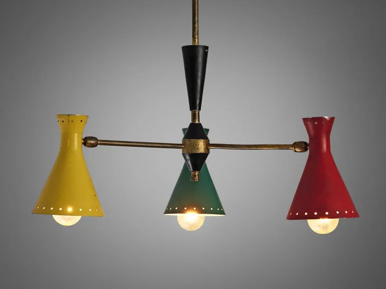 Italian Chandelier with Six Colorful Patinated Shades