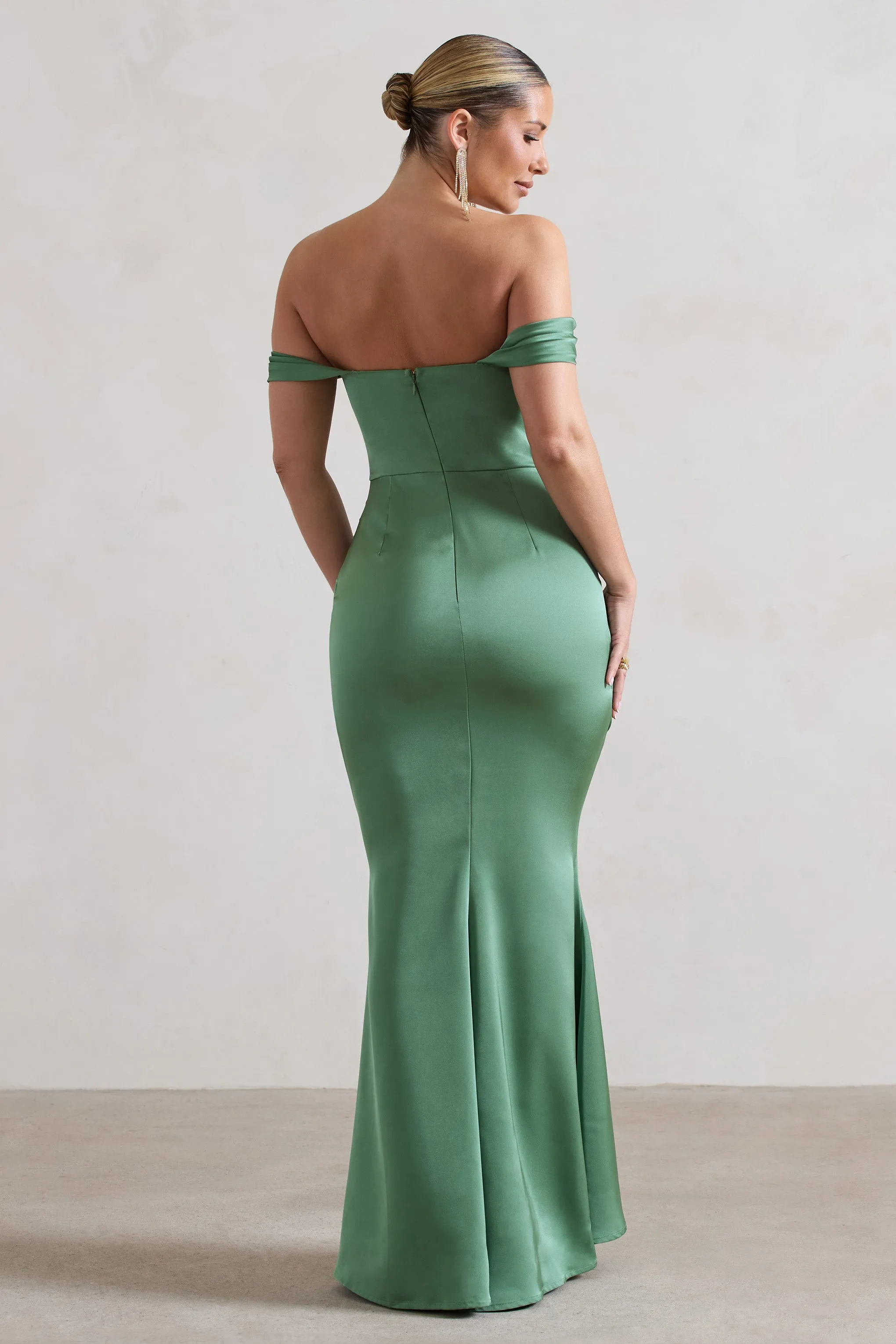 Katia | Soft Green Satin Bardot Maxi Dress