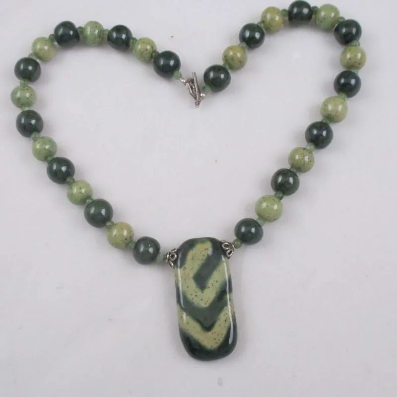 Kazuri Pendant Necklace in Dark Green & Light  Green African Beads