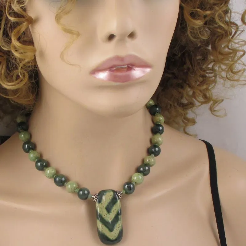 Kazuri Pendant Necklace in Dark Green & Light  Green African Beads