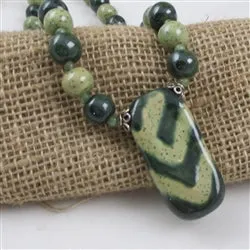 Kazuri Pendant Necklace in Dark Green & Light  Green African Beads