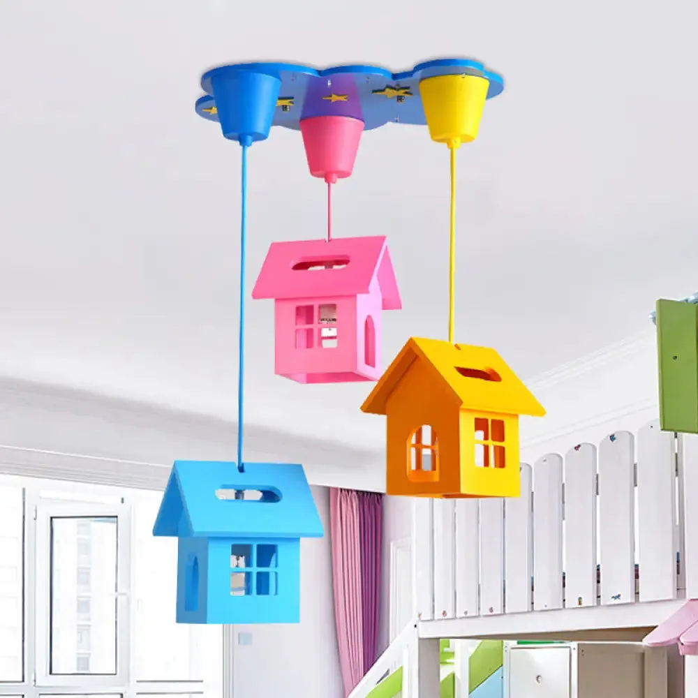 Kids' Houselet Playroom Multi-Pendant Wood Ceiling Lamp - 3 Bulbs, Blue-Pink-Yellow