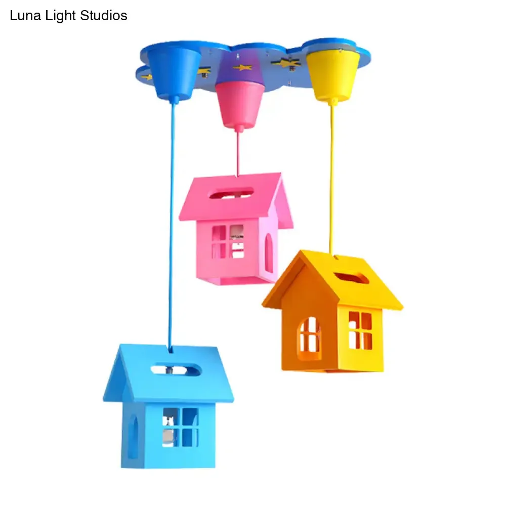 Kids' Houselet Playroom Multi-Pendant Wood Ceiling Lamp - 3 Bulbs, Blue-Pink-Yellow