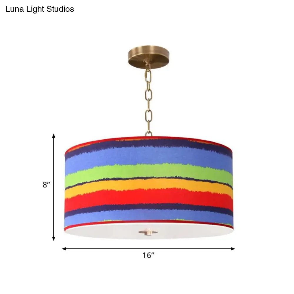 Kids' Red and Blue Drum Ceiling Light - 1-Light Fabric Hanging Pendant for Bedroom