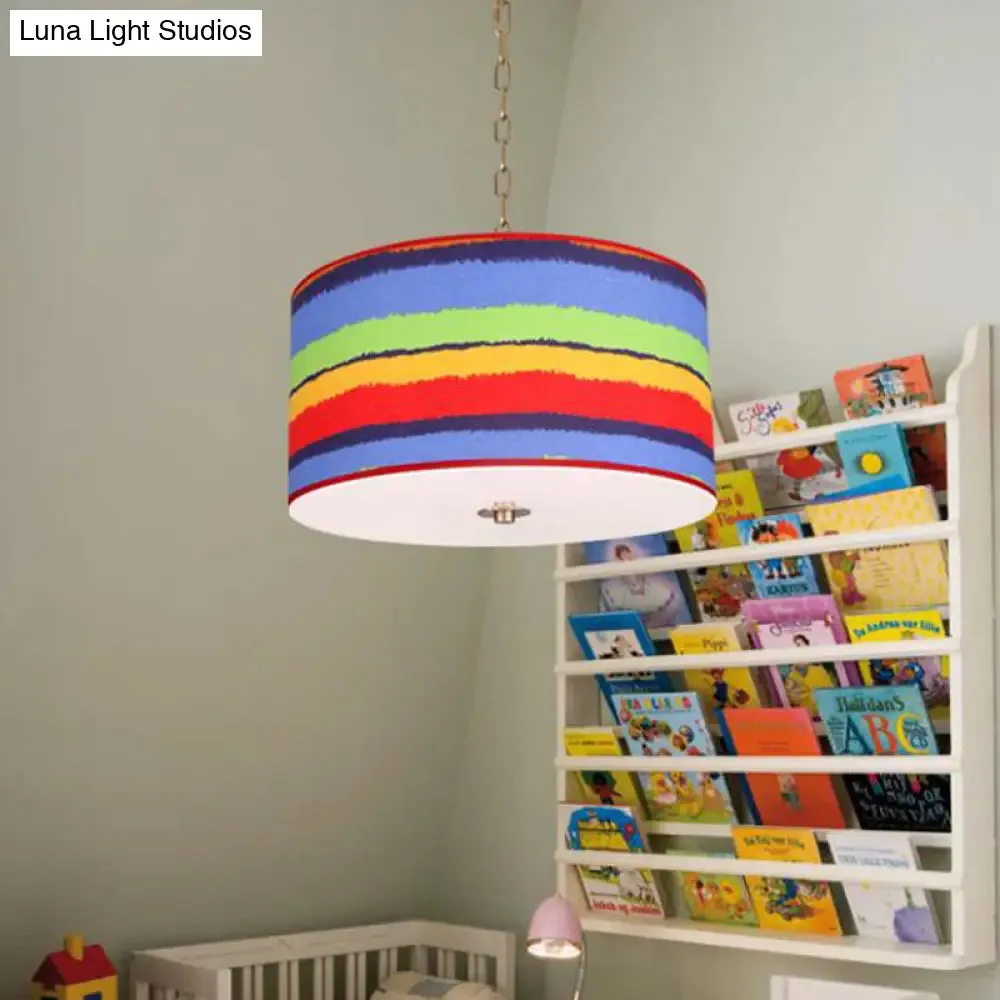 Kids' Red and Blue Drum Ceiling Light - 1-Light Fabric Hanging Pendant for Bedroom