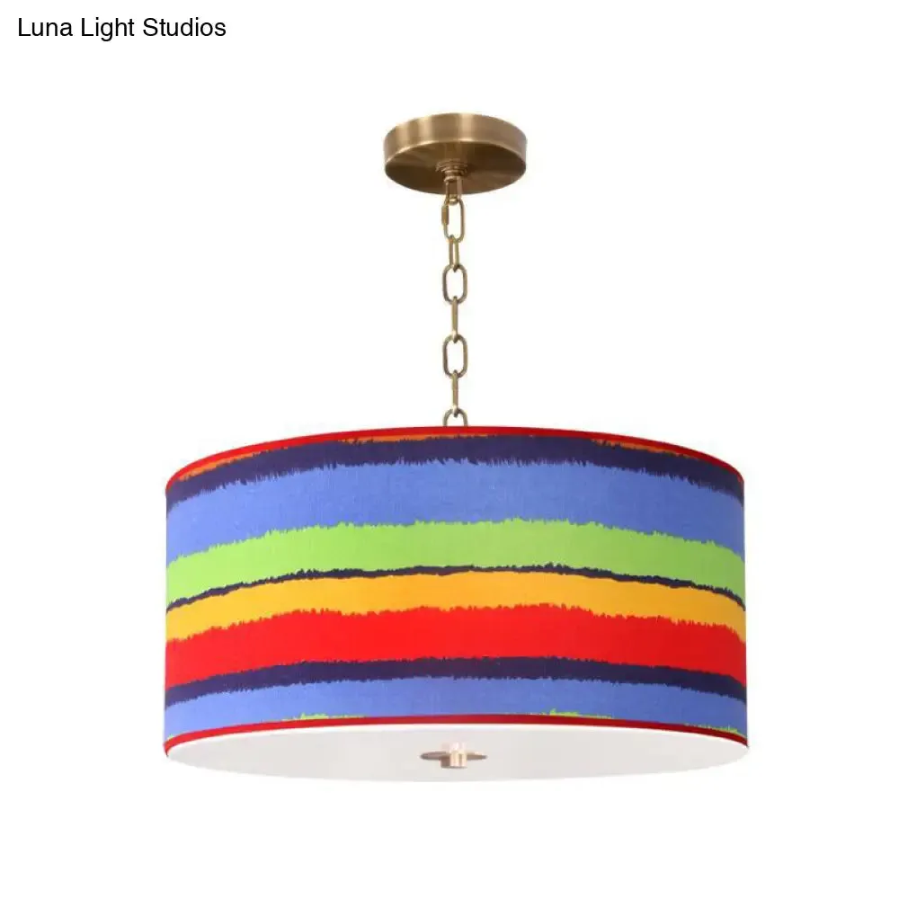 Kids' Red and Blue Drum Ceiling Light - 1-Light Fabric Hanging Pendant for Bedroom