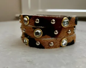 Leopard Cz Studded Hair on Hide Leather Bracelet