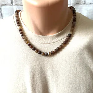 Matte Brown Agate Mens Beaded Necklace