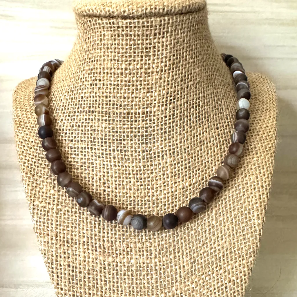 Matte Brown Agate Mens Beaded Necklace