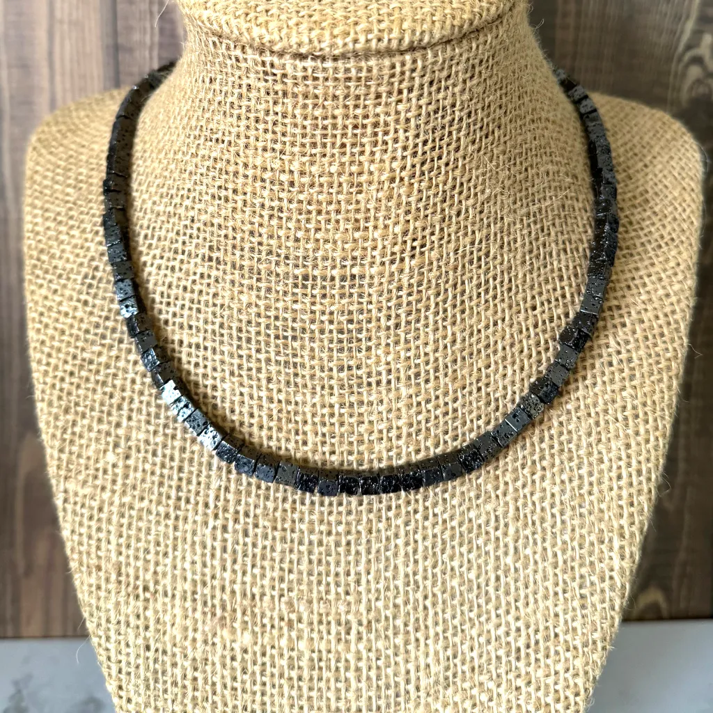 Mens Black Lava Cube Necklace