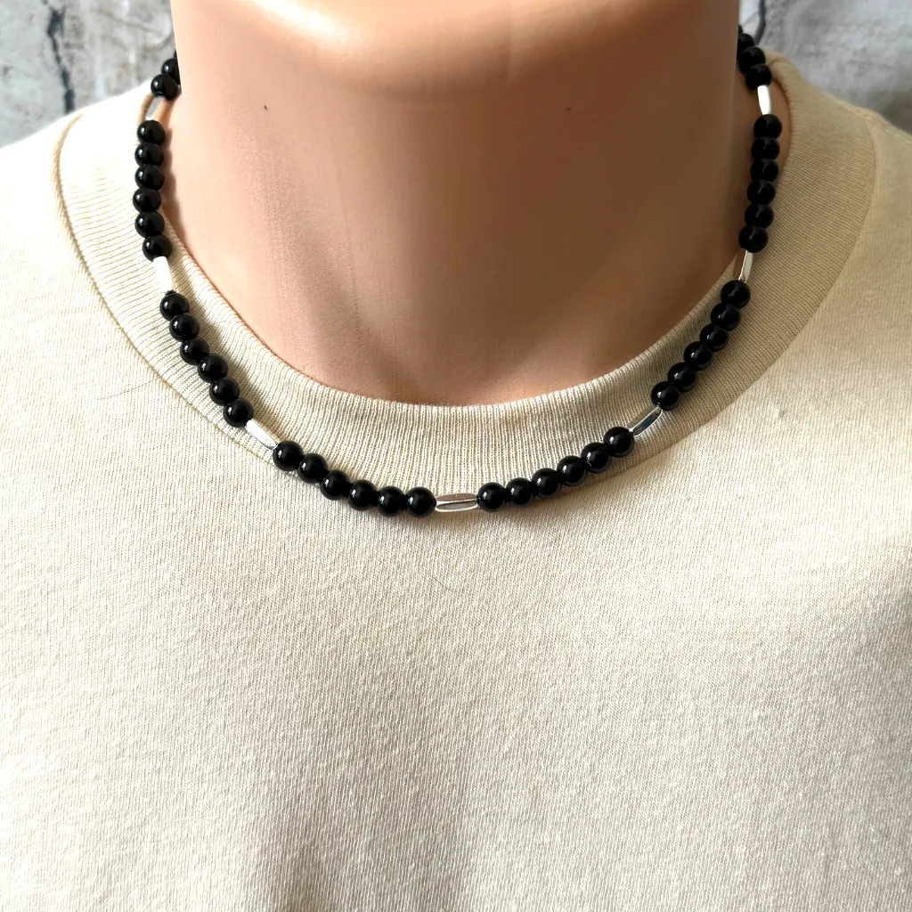 Mens Black Onyx and Silver Tube Beaded Necklace