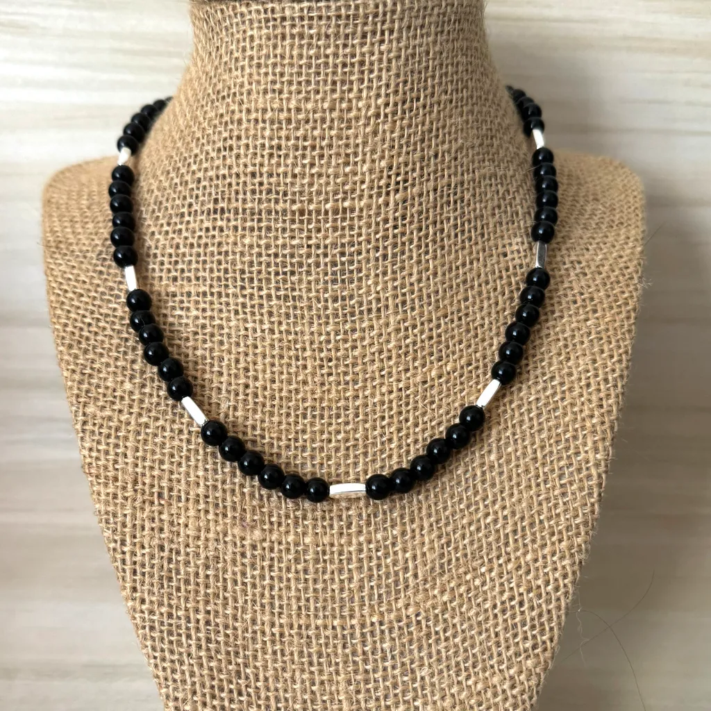 Mens Black Onyx and Silver Tube Beaded Necklace