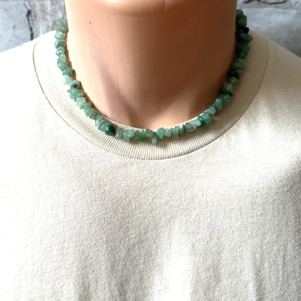 Mens Green Aventurine Chip Beaded Necklace