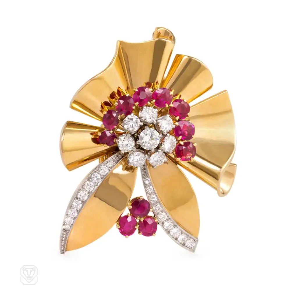 Mid-century gold, ruby and diamond brooch, Sasportas for Bailey Banks & Biddle