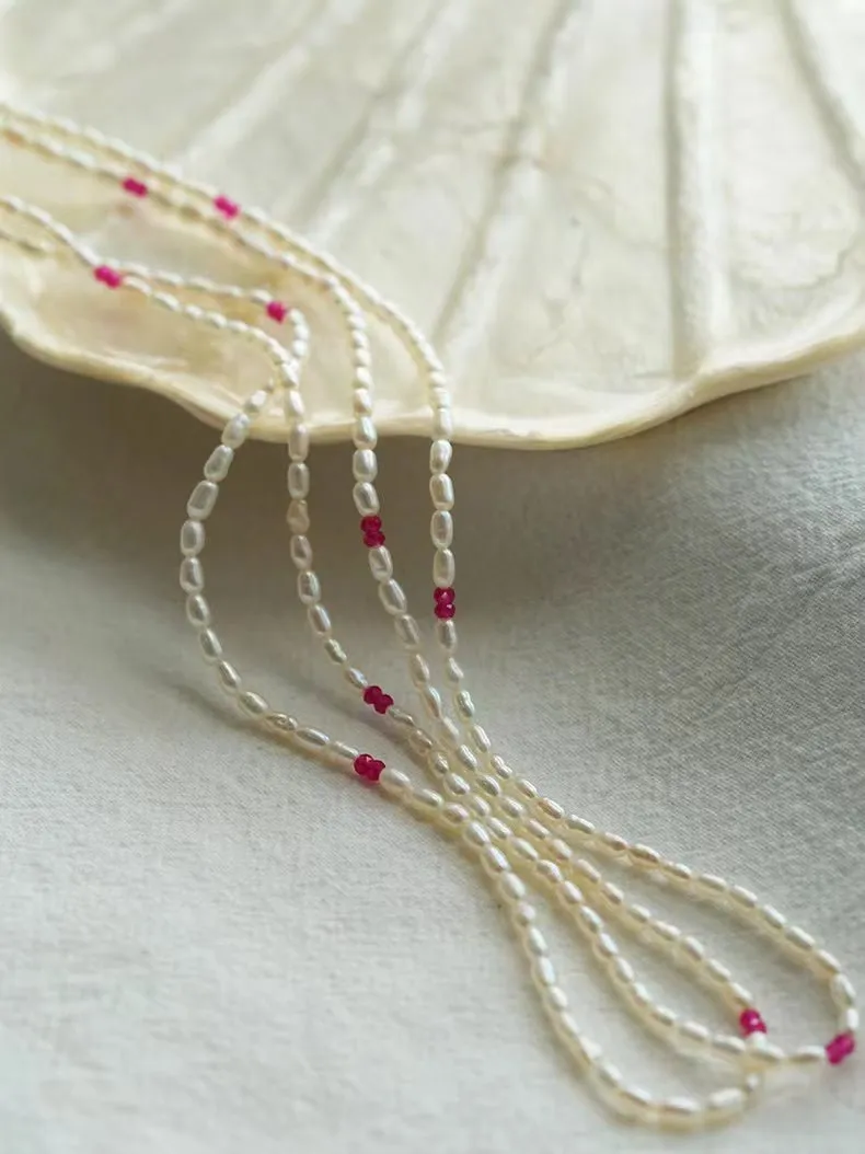 Mini Pearl and Ruby Long Beaded Necklace