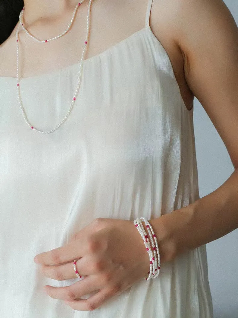 Mini Pearl and Ruby Long Beaded Necklace