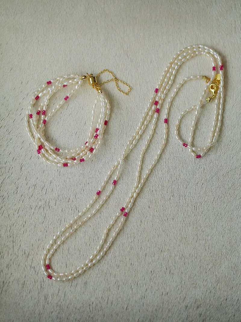 Mini Pearl and Ruby Long Beaded Necklace