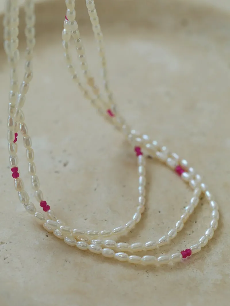 Mini Pearl and Ruby Long Beaded Necklace