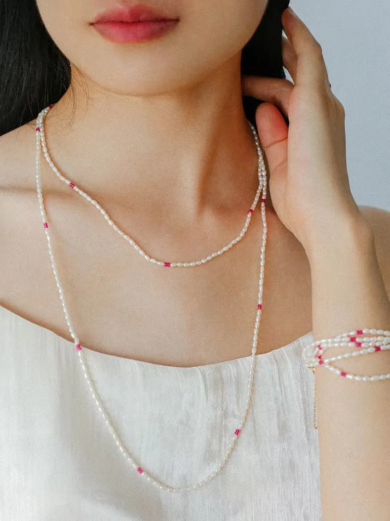 Mini Pearl and Ruby Long Beaded Necklace