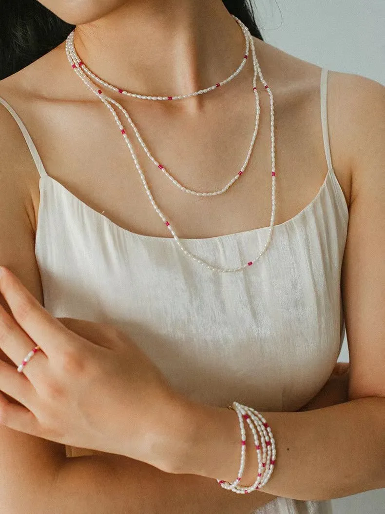 Mini Pearl and Ruby Long Beaded Necklace