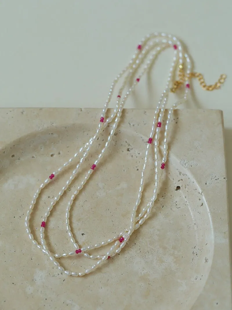 Mini Pearl and Ruby Long Beaded Necklace