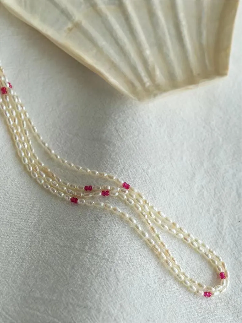 Mini Pearl and Ruby Long Beaded Necklace