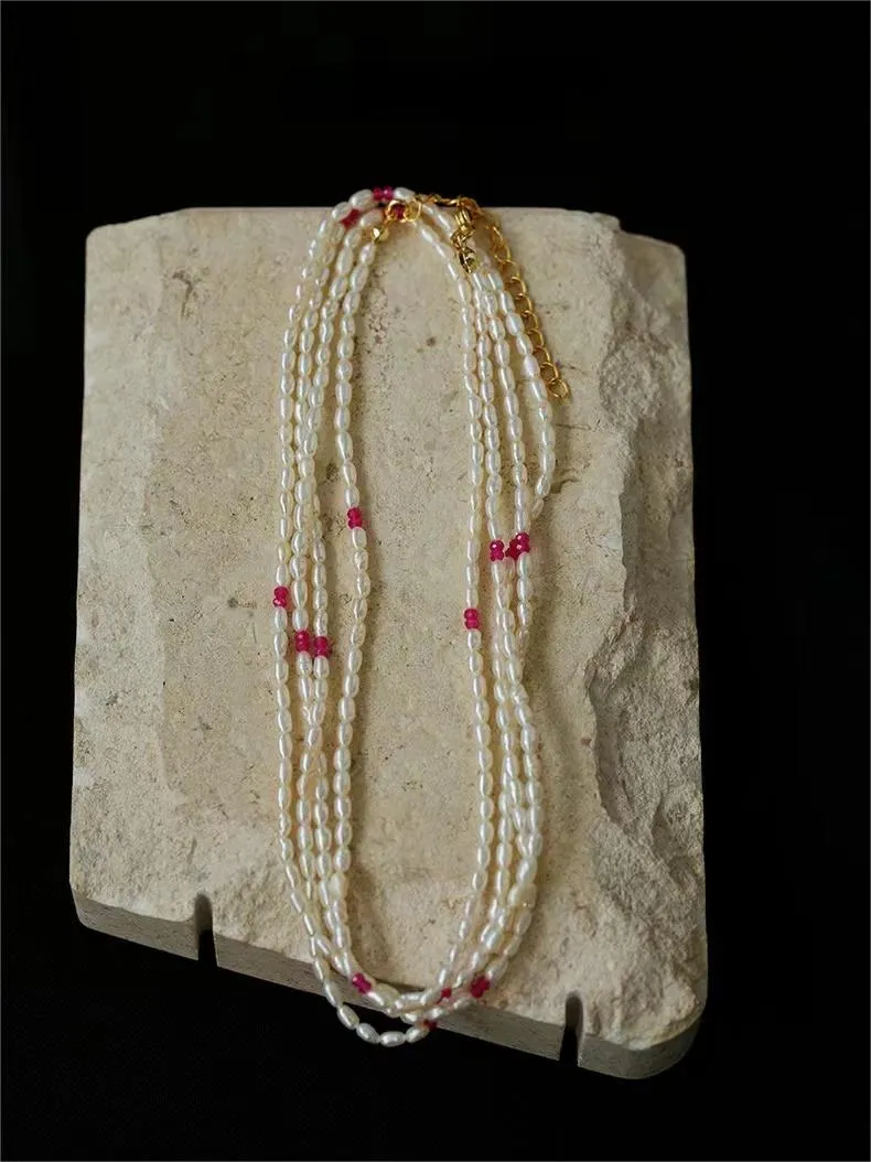 Mini Pearl and Ruby Long Beaded Necklace