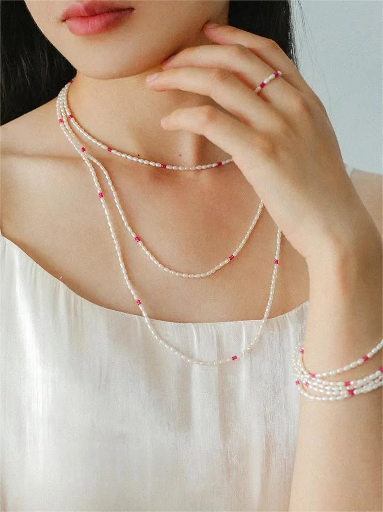 Mini Pearl and Ruby Long Beaded Necklace