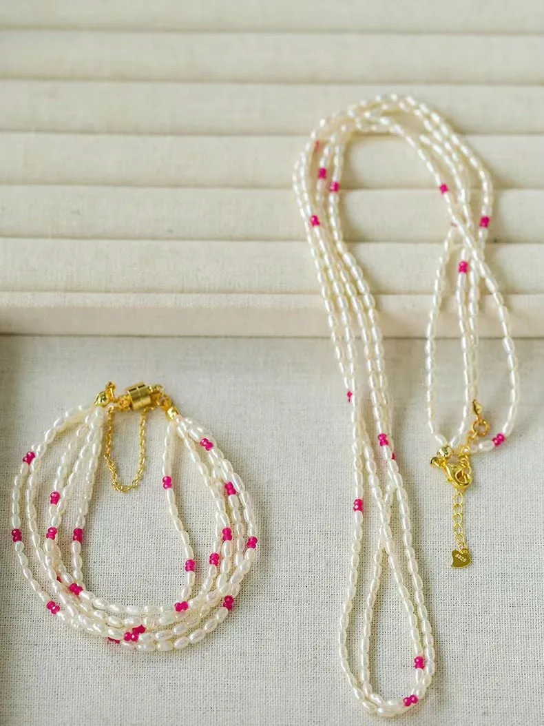 Mini Pearl and Ruby Long Beaded Necklace