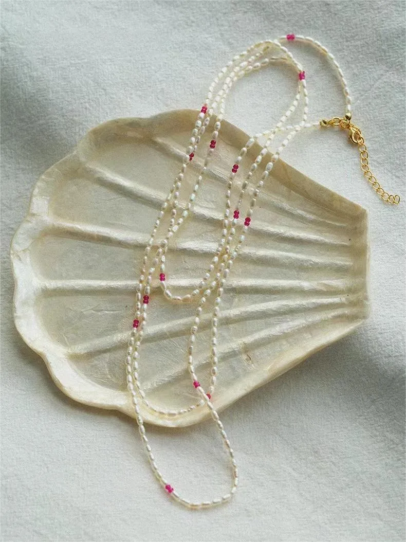 Mini Pearl and Ruby Long Beaded Necklace