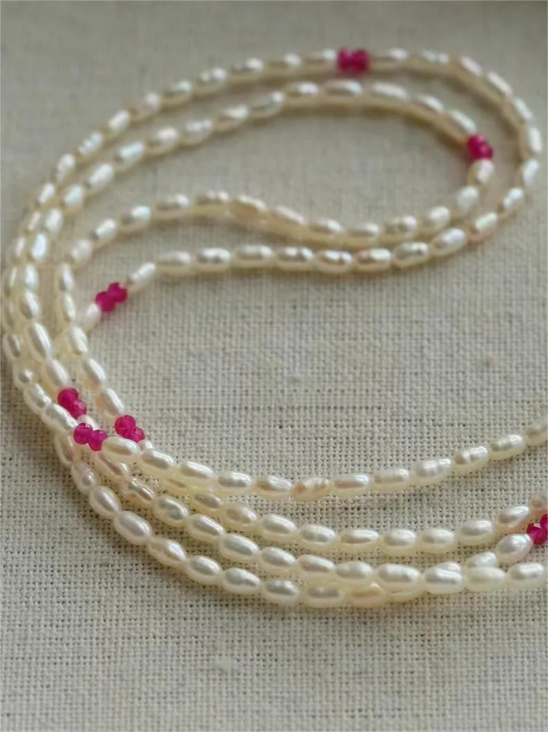 Mini Pearl and Ruby Long Beaded Necklace