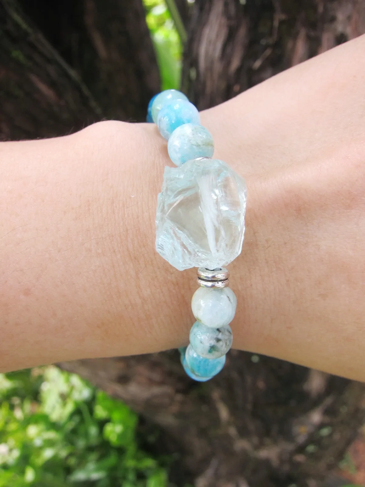 Natural Teal Blue Hemimorphite, Apatite and Blue Quartz Mala Bracelet