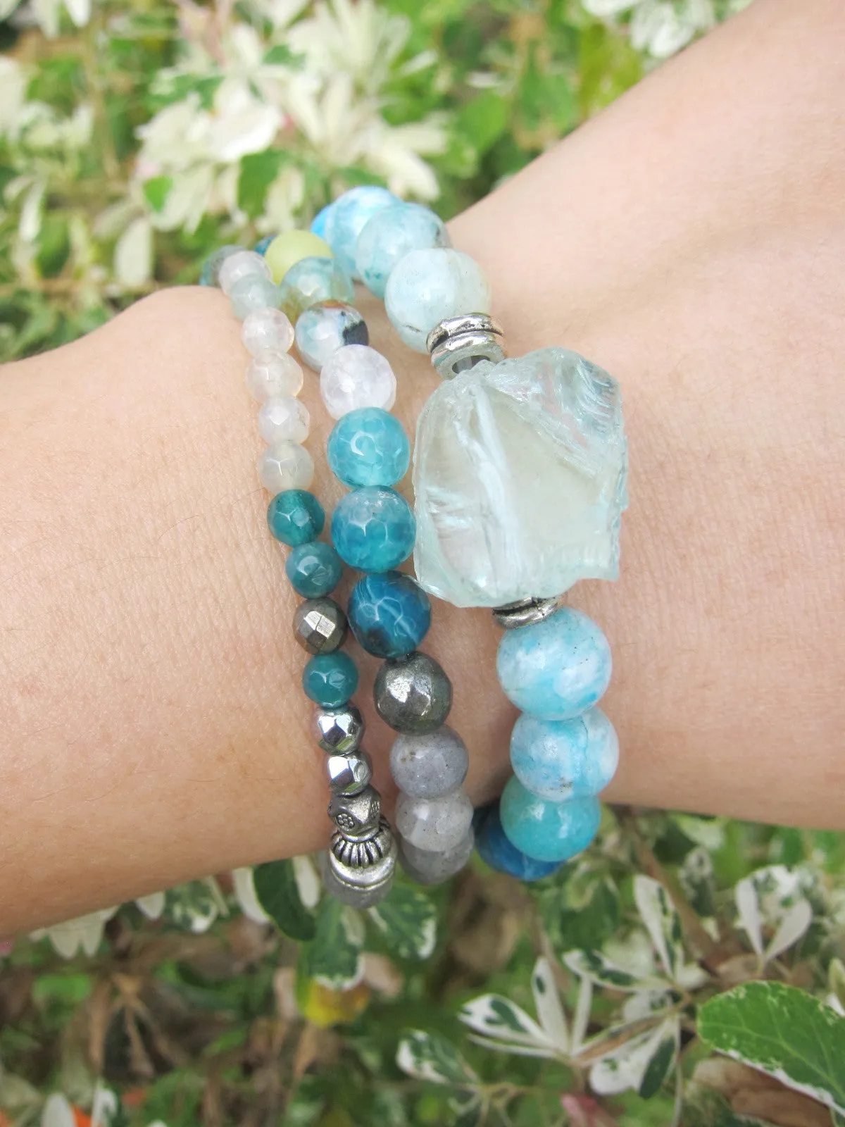 Natural Teal Blue Hemimorphite, Apatite and Blue Quartz Mala Bracelet