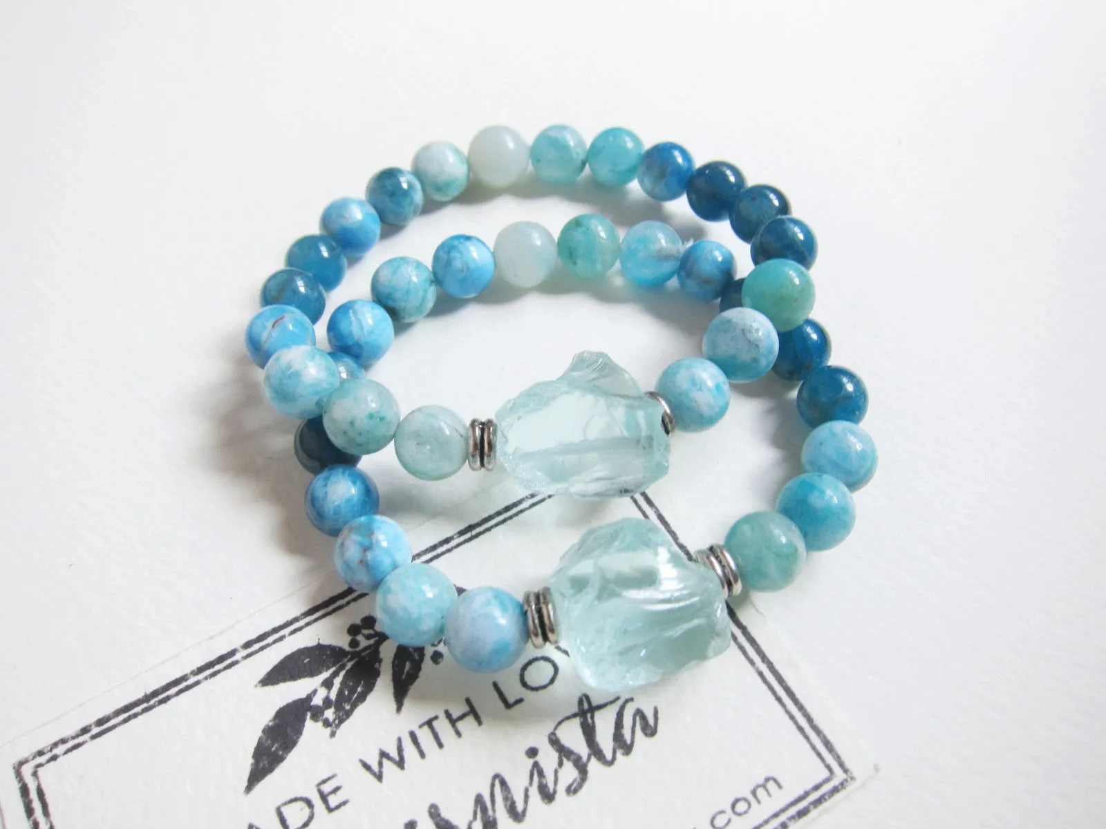 Natural Teal Blue Hemimorphite, Apatite and Blue Quartz Mala Bracelet