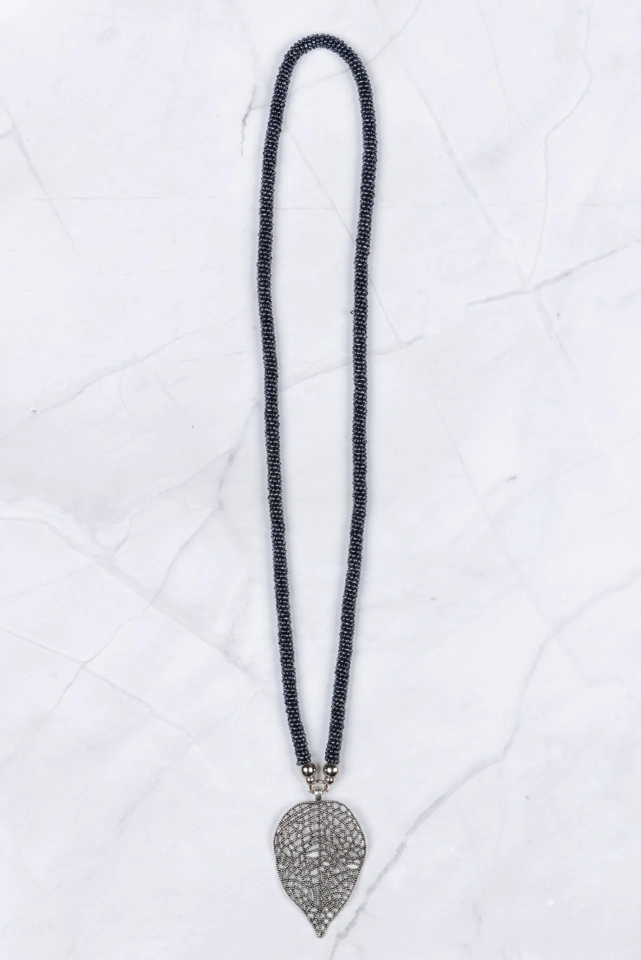 Navy Black Beaded Leaf Pendant Necklace