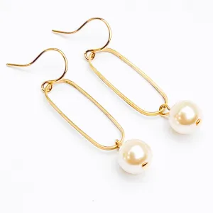 Pearl Dangle Oval Hoop Earrings-WS